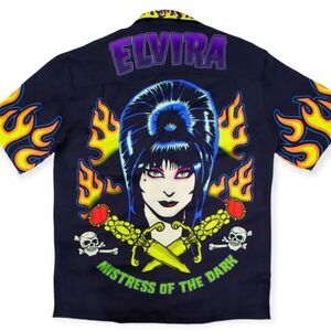 Short Sleeve Graphic Elvira Flames Button Down Hawaiian Shirt